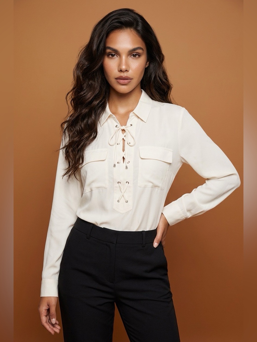 Equipment Femme Cream Laceup Silk Shirt, Size M